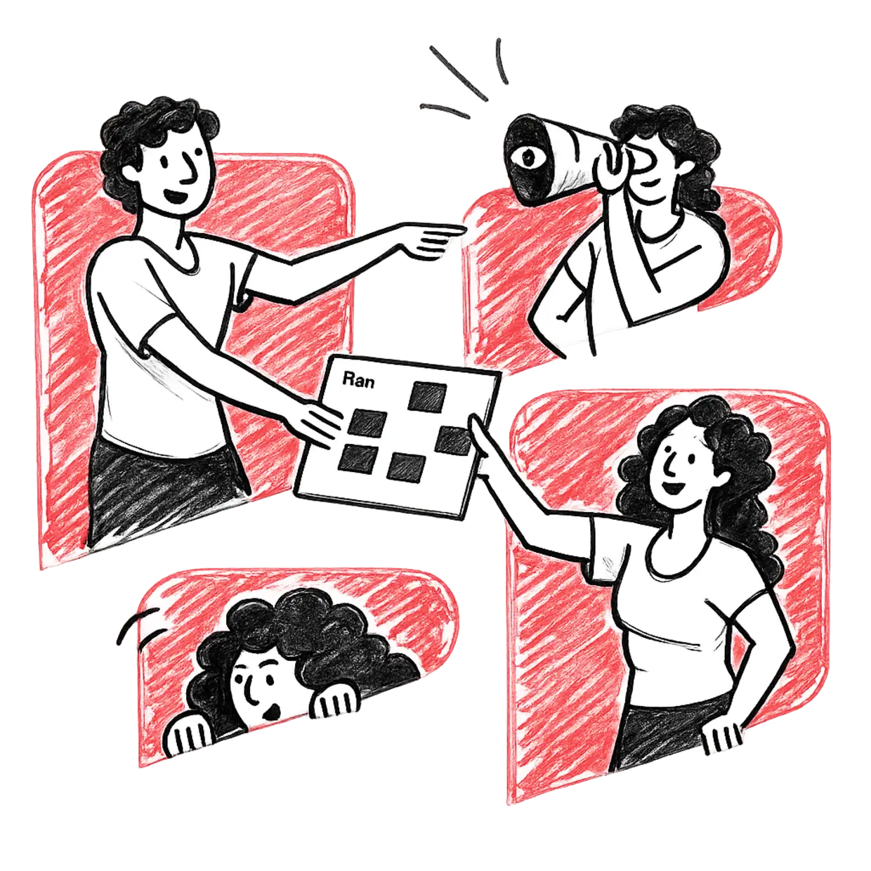 Illustration of the Dare Tale team pitching ideas